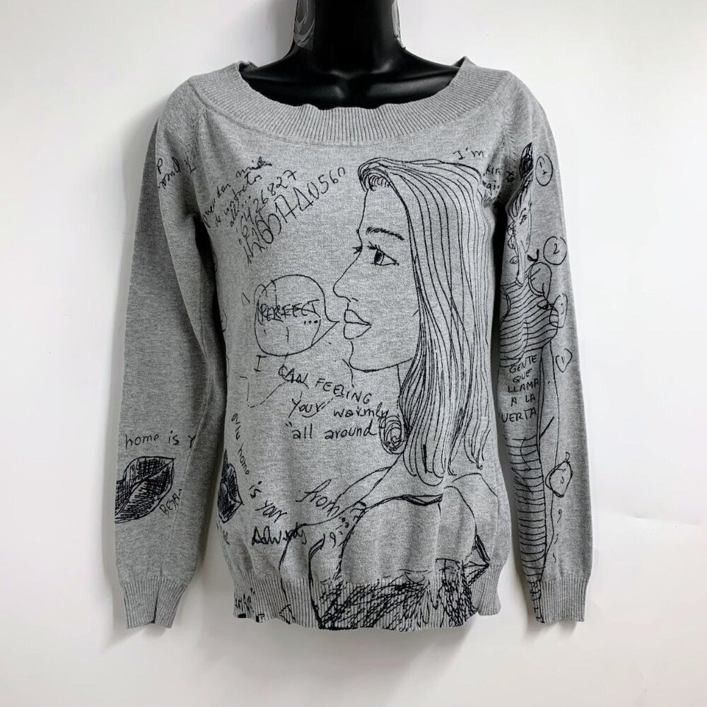 Desigual Gina Heather Gray Graphic Print Crew Neck Long Sleeve Sweater Size XS